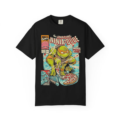 Ninja-Dude Graphic T-shirt | Retro Cartoon Tee, Gift for Kids & Teens, Comic Style Top, Fun Apparel, Pizza Lover Shirt